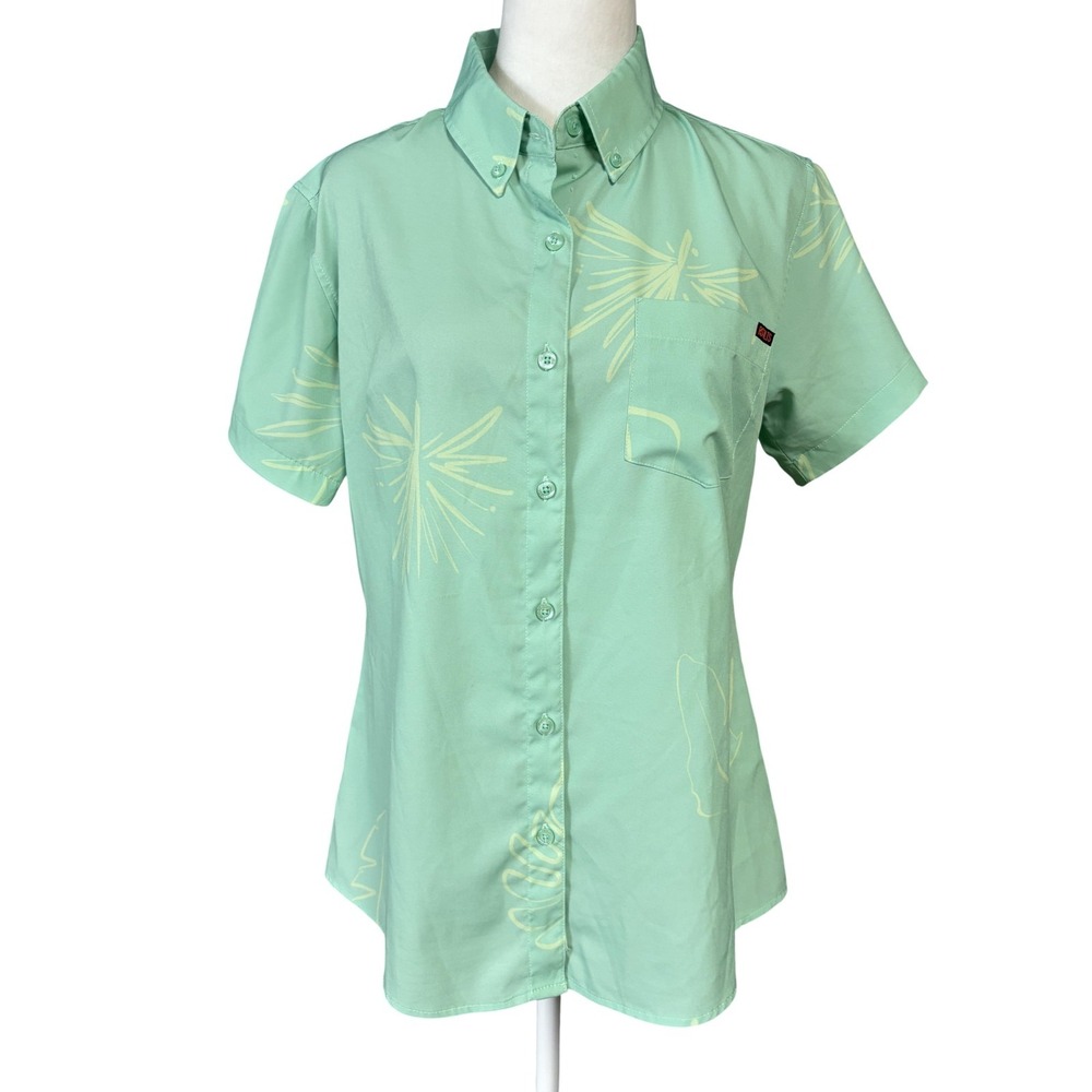 RSVLTS Button Up Shirt Womens M Green KUNUFLEX Tropical Print Short Sleeve Top